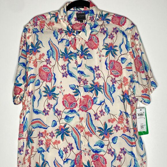 New Guess Slim Fit Floral Tropical Hawaiian Button Down Shirt Men's Size Large - Picture 6 of 9